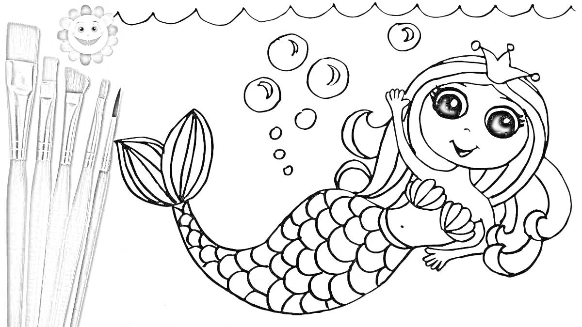 На раскраске изображено: Корона, Пузыри, Подводный мир, Творчество, Для детей, Русалка