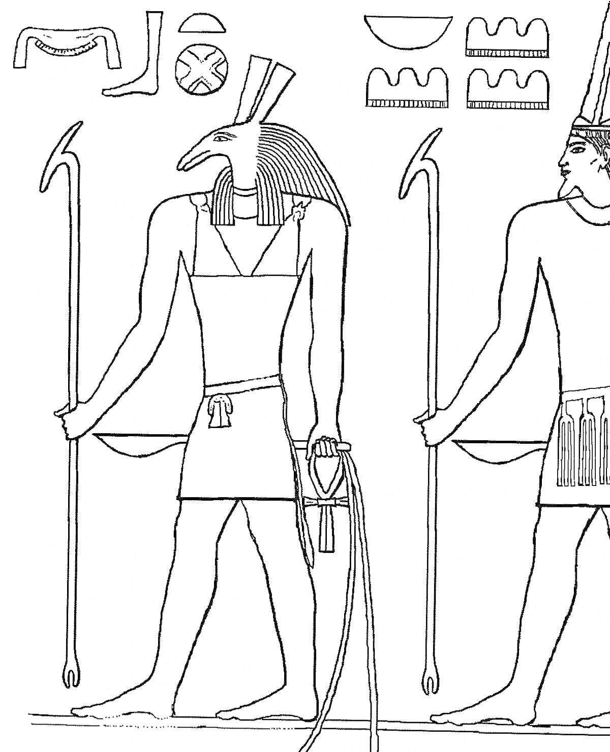 Раскраска Египетский бог в анфас с посохами и плетью, в профиль еще один бог с посохом, иероглифы в верхней части изображения