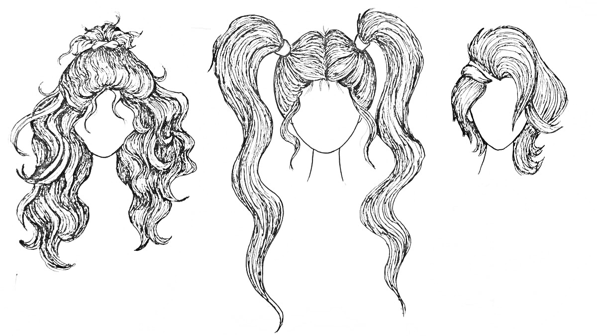 На раскраске изображено: Прически, Длинные волосы, Распущенные волосы, Высокий хвост, Два пучка, Короткая стрижка, Бант