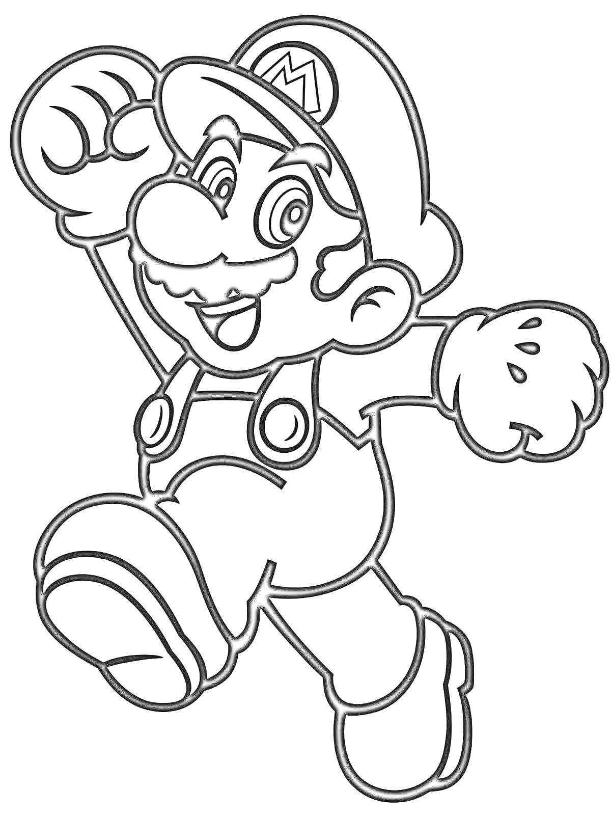 Раскраска Прыгающий Марио с поднятой рукой в кепке и комбинезоне