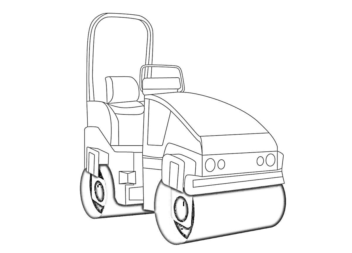Раскраска машина каток с кабиной оператора, водительским сидением и большими вальцами