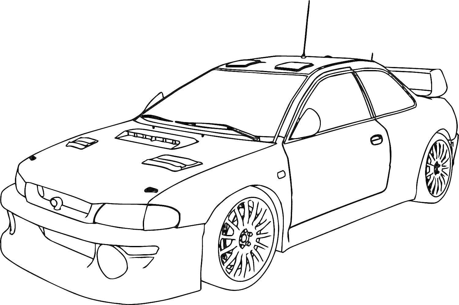 Раскраска Спортивный автомобиль с аэродинамическим обвесом, двумя воздухозаборниками на капоте, большими литыми дисками и антеной на крыше
