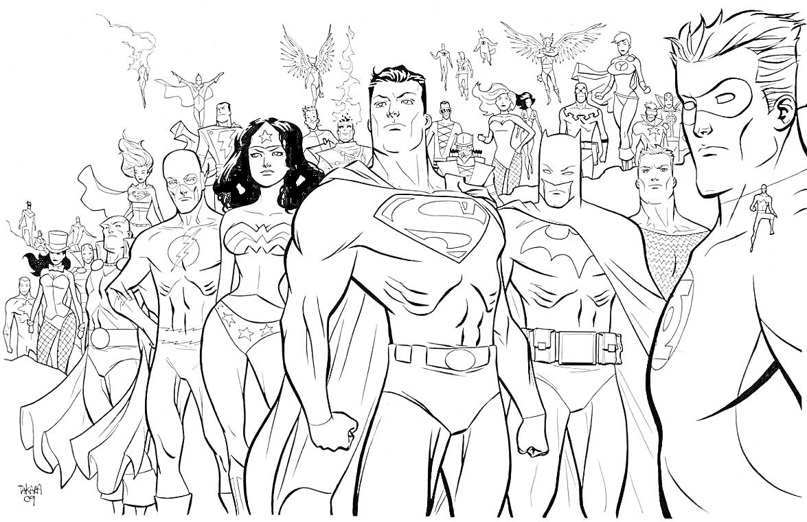 группа супергероев с мужественным супергероем на переднем плане, героиней в короне, героем в маске, несколькими геройскими фигурами на заднем плане