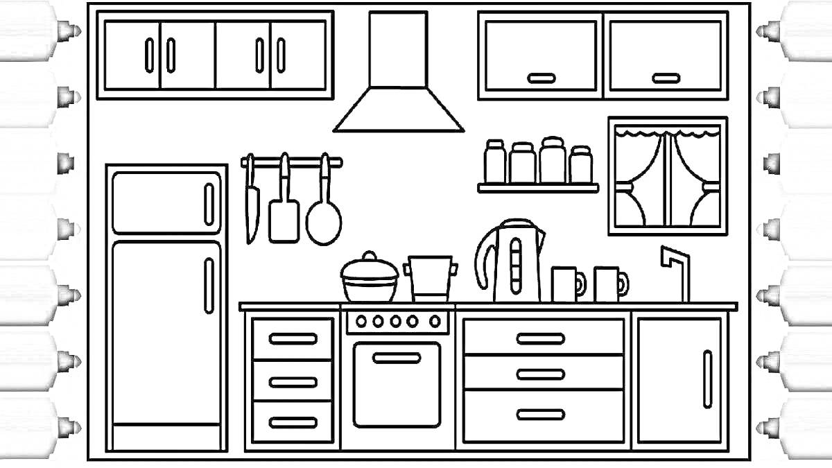 Кухня Тока Бока с холодильником, шкафчиками, плитой, духовкой, чайником, кастрюлей, чашками, столовыми приборами и раковиной