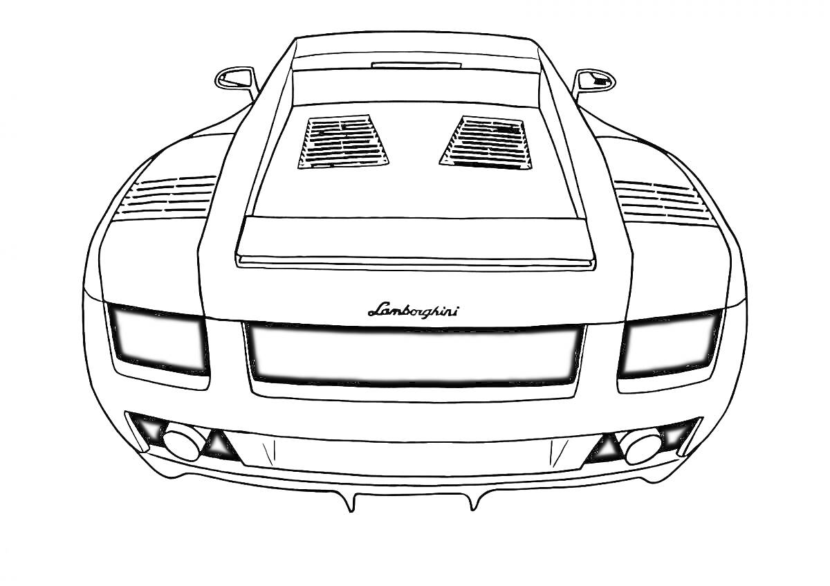 Ламборгини задний вид, с деталями задней части кузова, фарами, выхлопными трубами и логотипом Lamborghini.