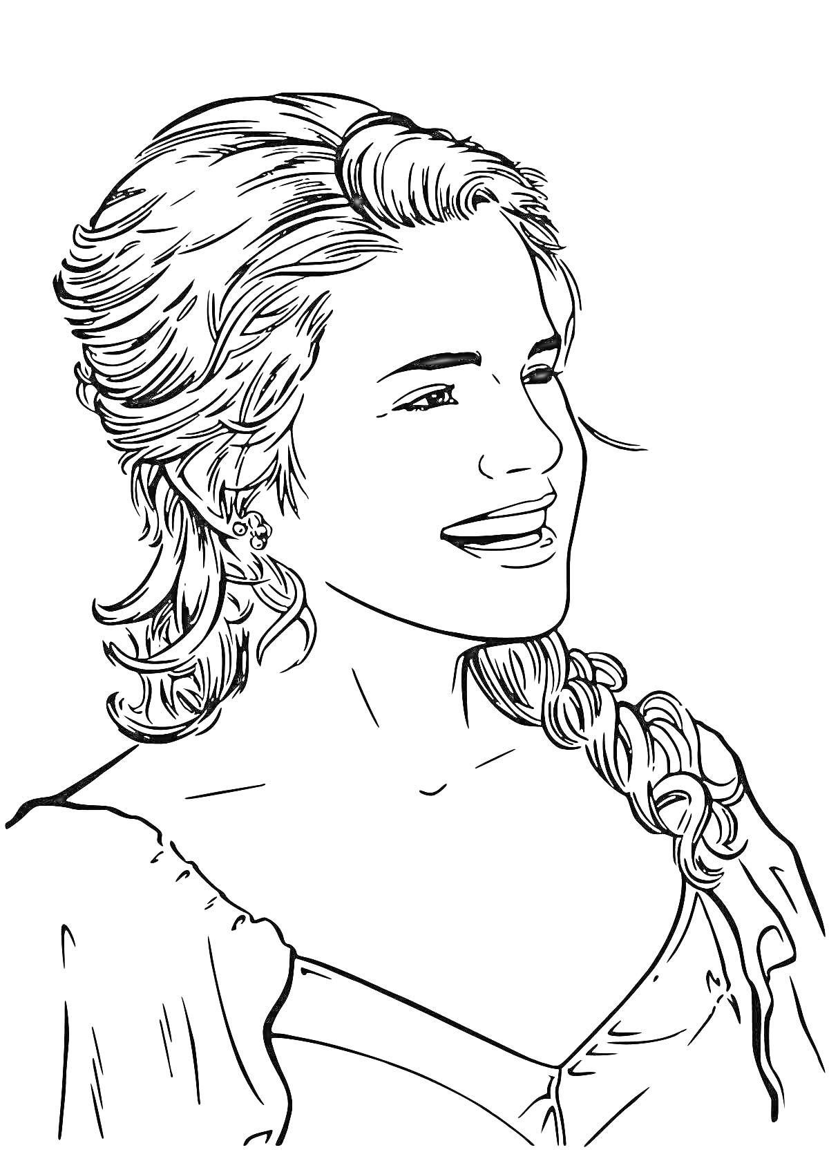 Раскраска Девушка с длинными волосами, заплетенными в косу и легкой улыбкой на лице