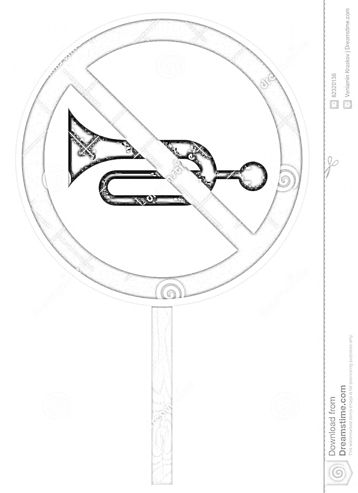 Раскраска Дорожный знак с перекрещенной трубой «Подача звукового сигнала запрещена» на белом фоне.