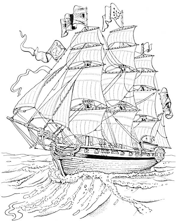 На раскраске изображено: Корабль, Море, Волны, Паруса, Флаг, Мачта, Парусники