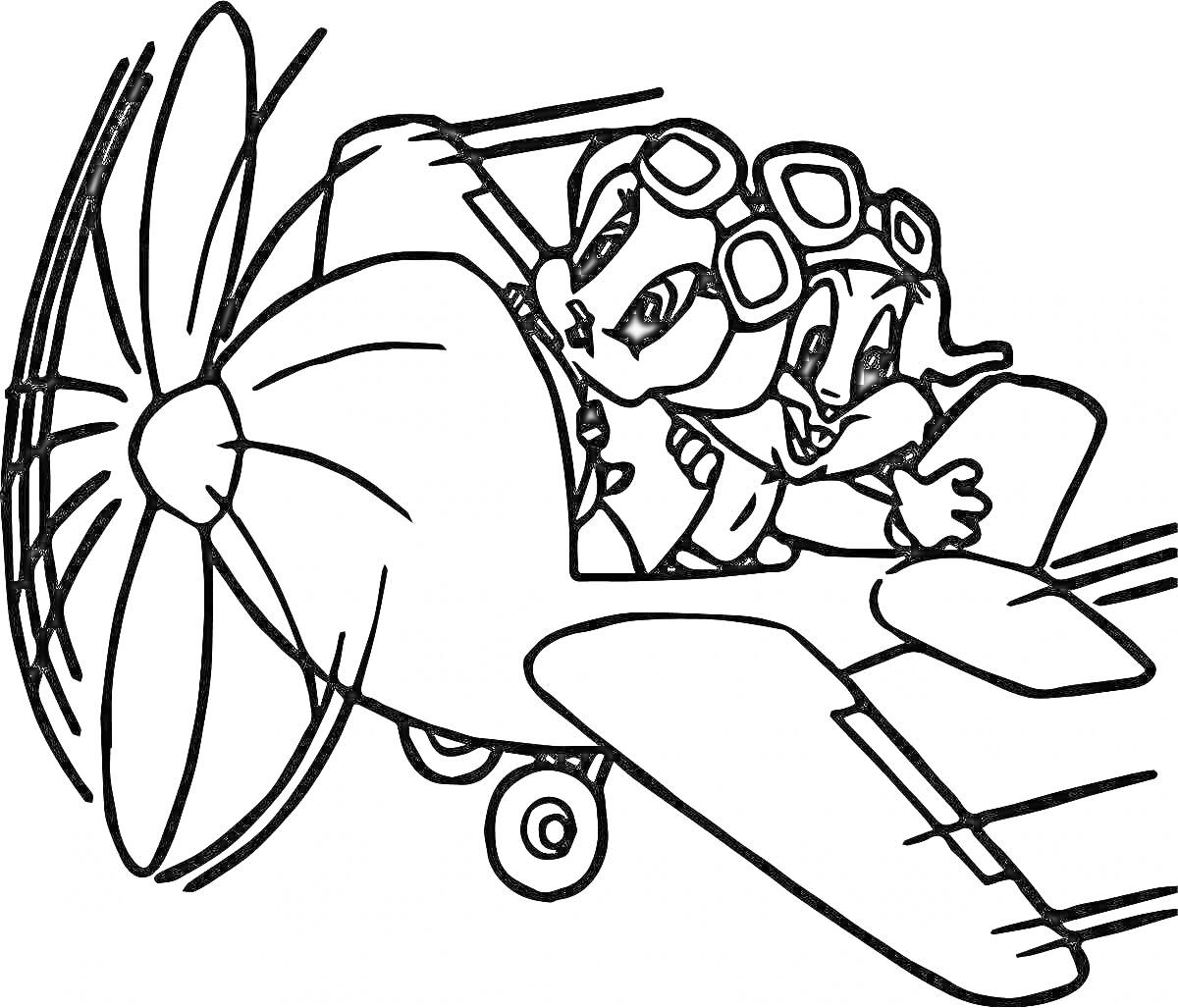 Раскраска Летчик и его друг на самолете с пропеллером