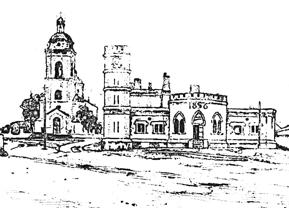 Раскраска Здание, состоящее из колокольни, башни и фасада с надписью 