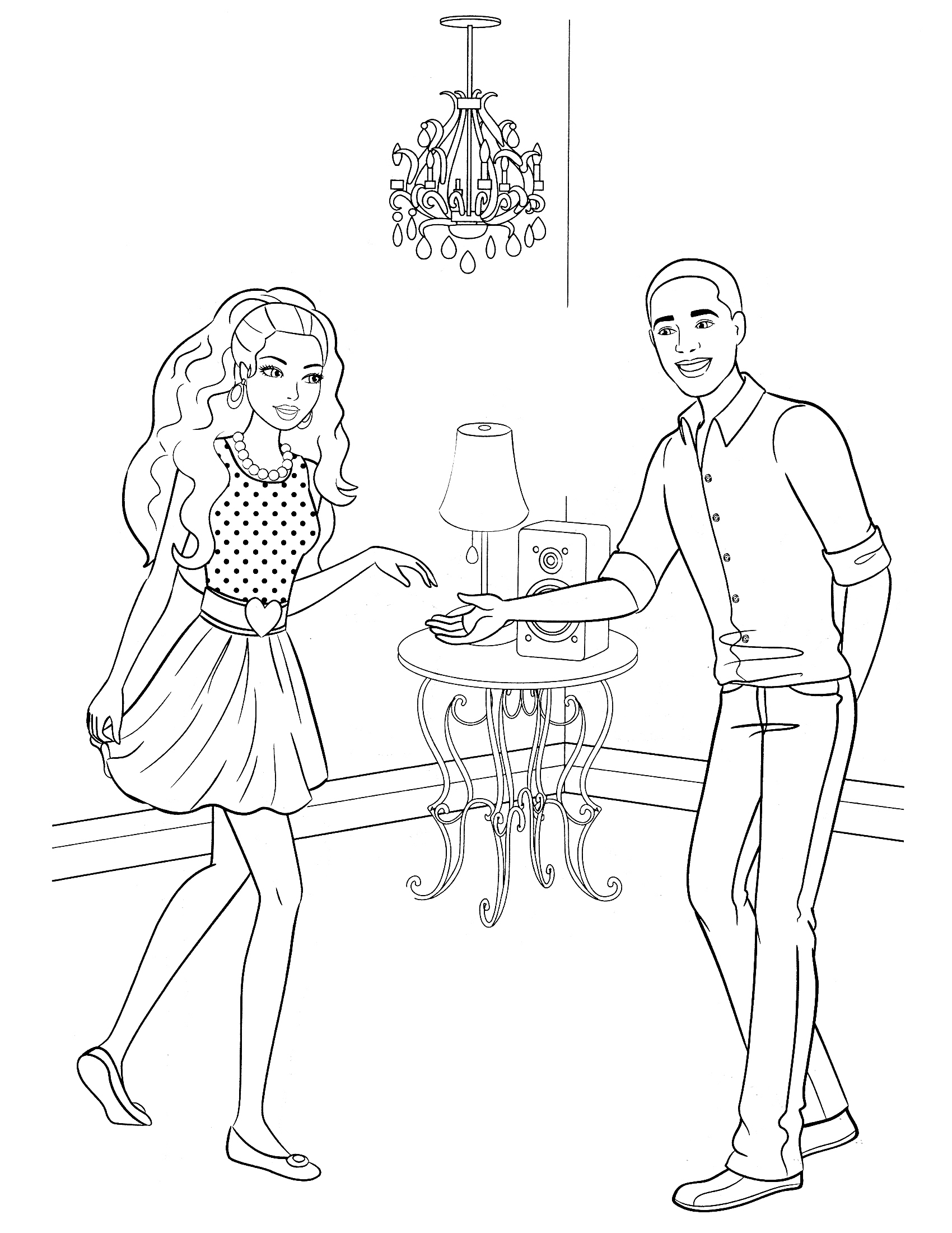 Раскраска Барби и Кен в комнате с люстрой, торшером и столиком