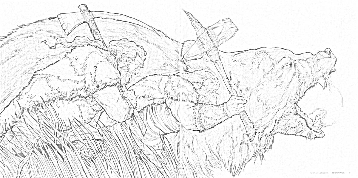Раскраска Два воина, сражающиеся с медведем, меч, топор, трава