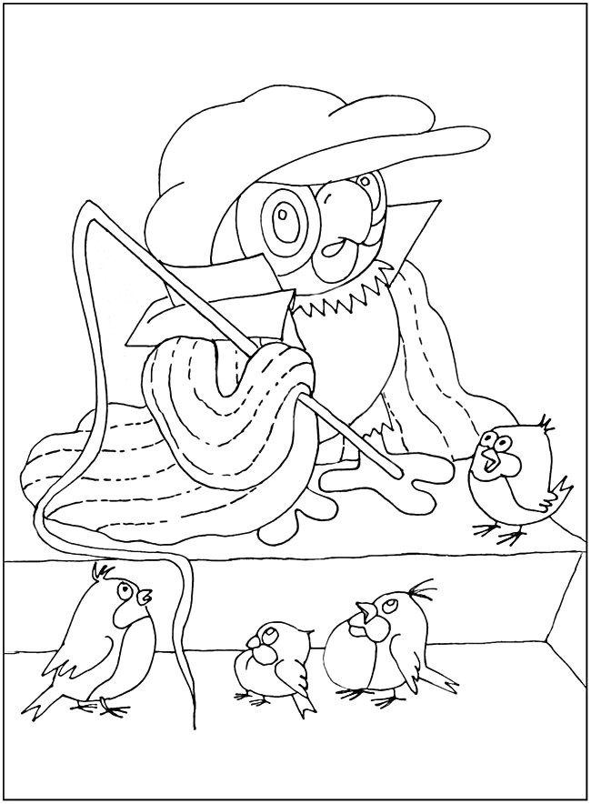 Раскраска Попугай Кеша в шляпе, плаще и с тросточкой на фоне четырех других птиц