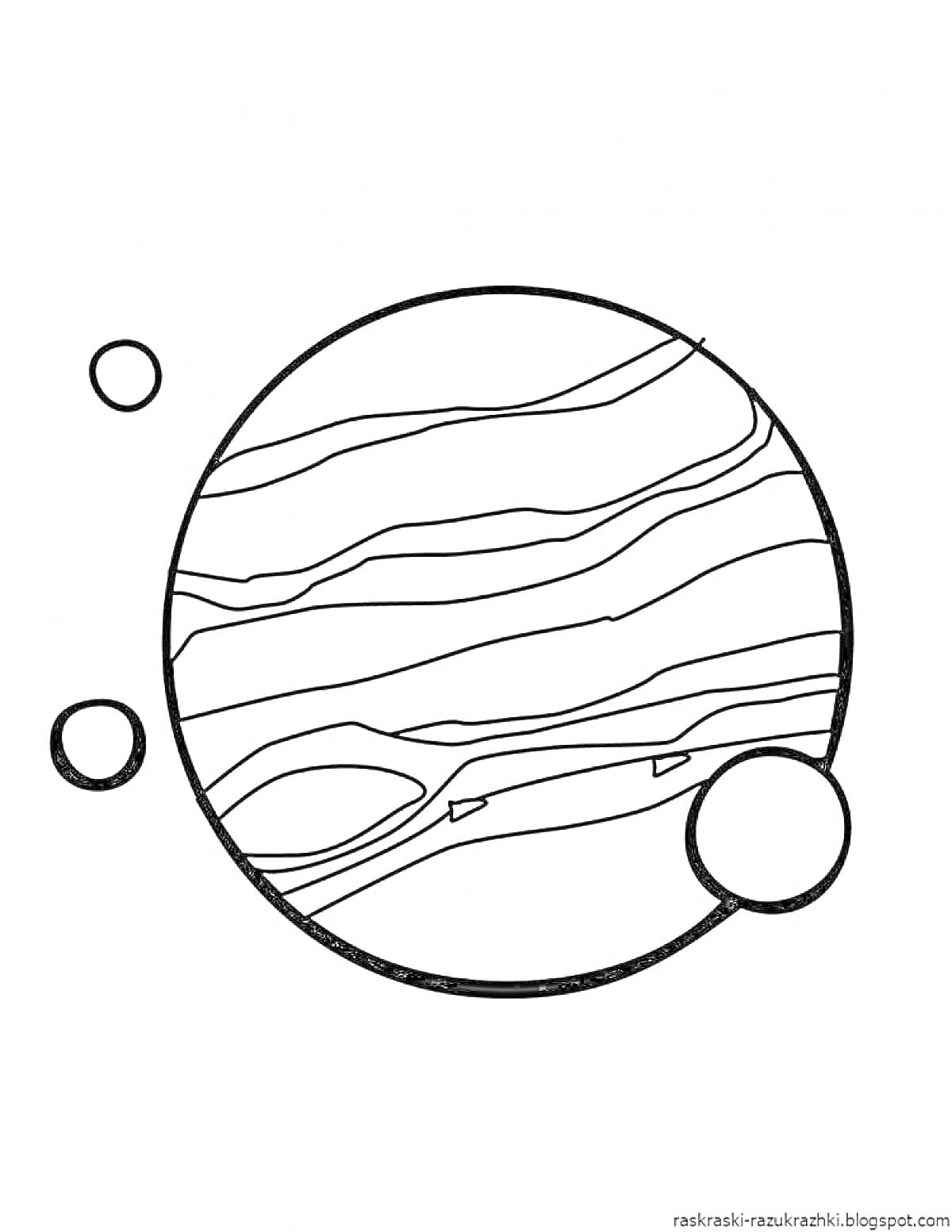 Раскраска Планета с полосами, окруженная четырьмя спутниками