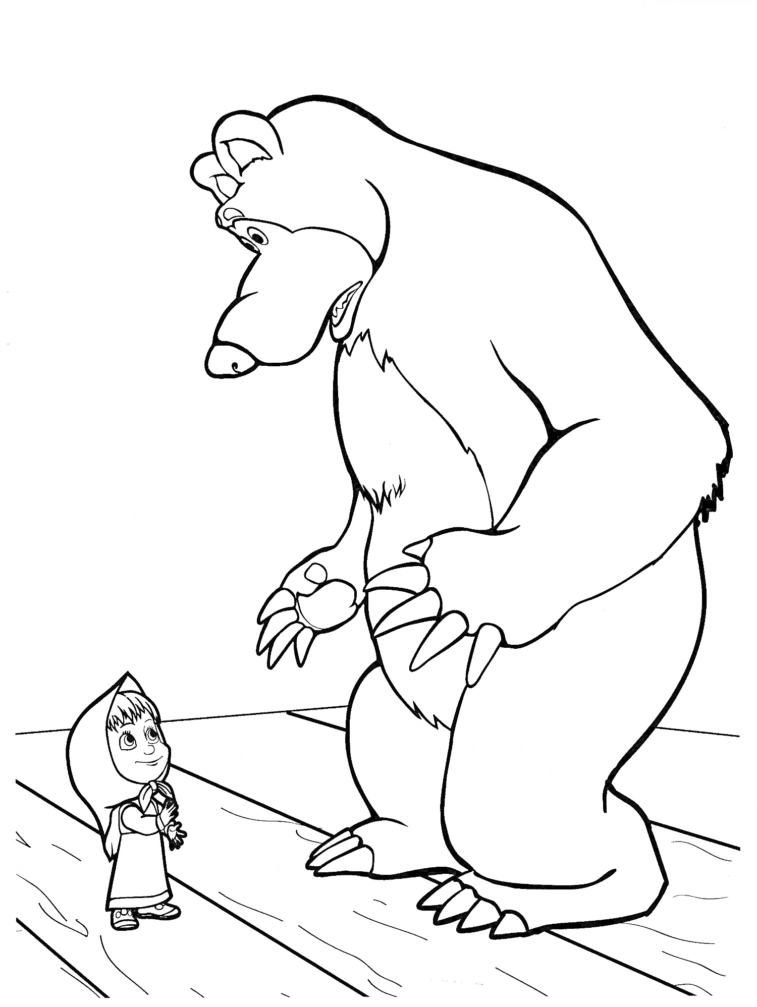 Раскраска Маша и Медведь на деревянной платформе