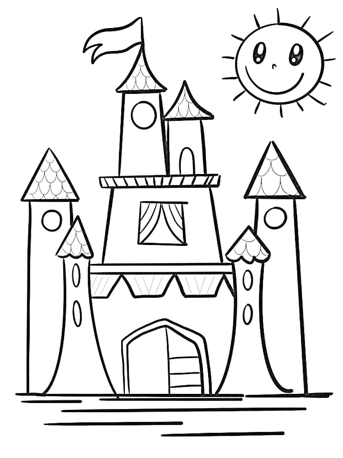 На раскраске изображено: Замок, Башни, Солнце, Улыбающееся солнце, Окна, Дверь, Для детей, Флаг