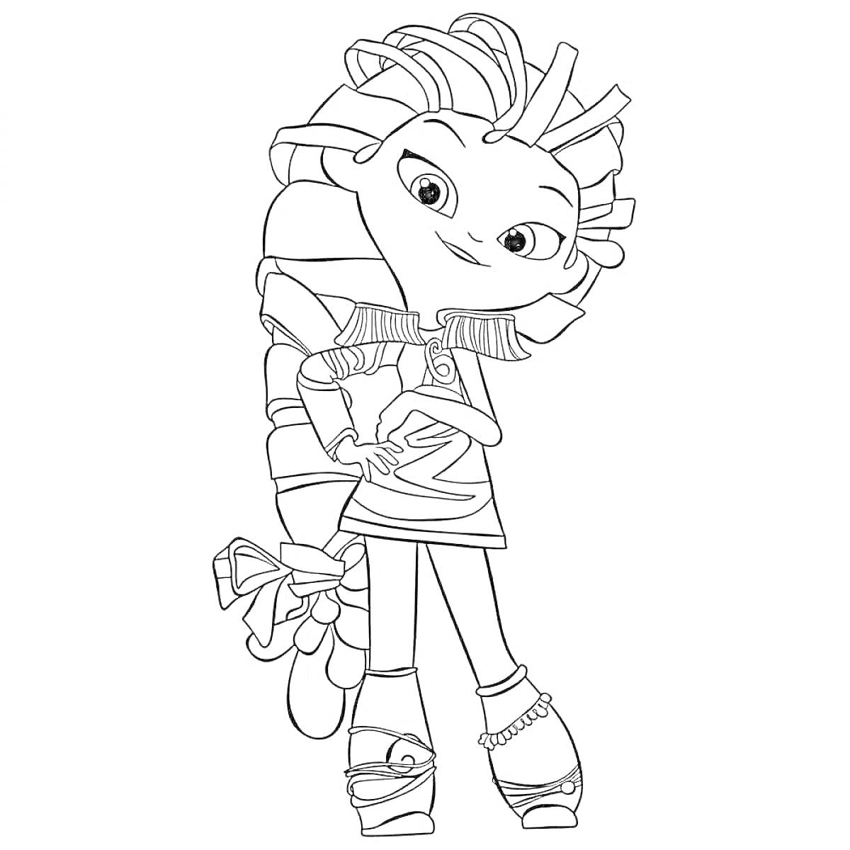 Раскраска Девочка с необычной прической и в нарядной одежде