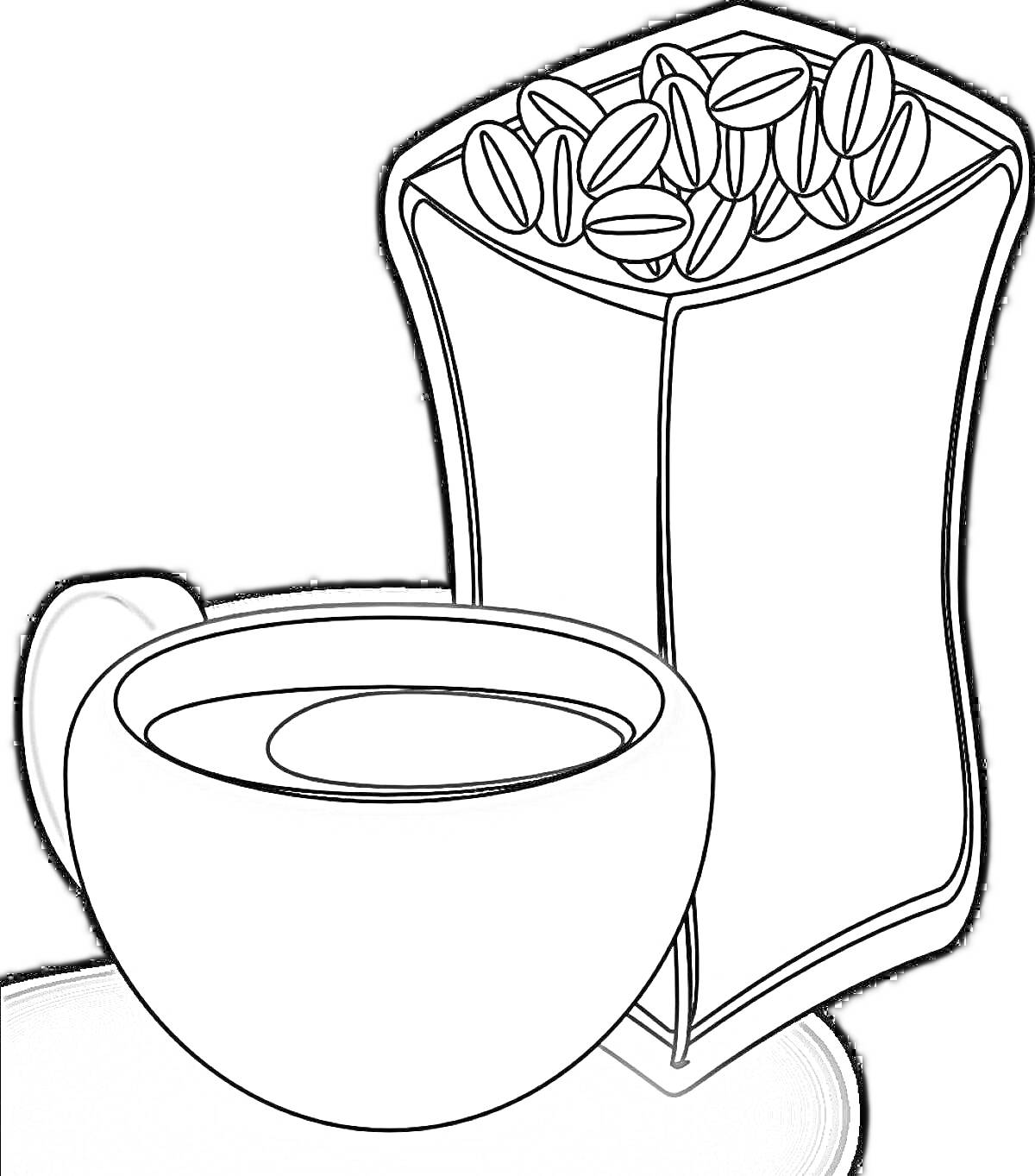 Раскраска Кофейная чашка с пакетом кофейных зёрен