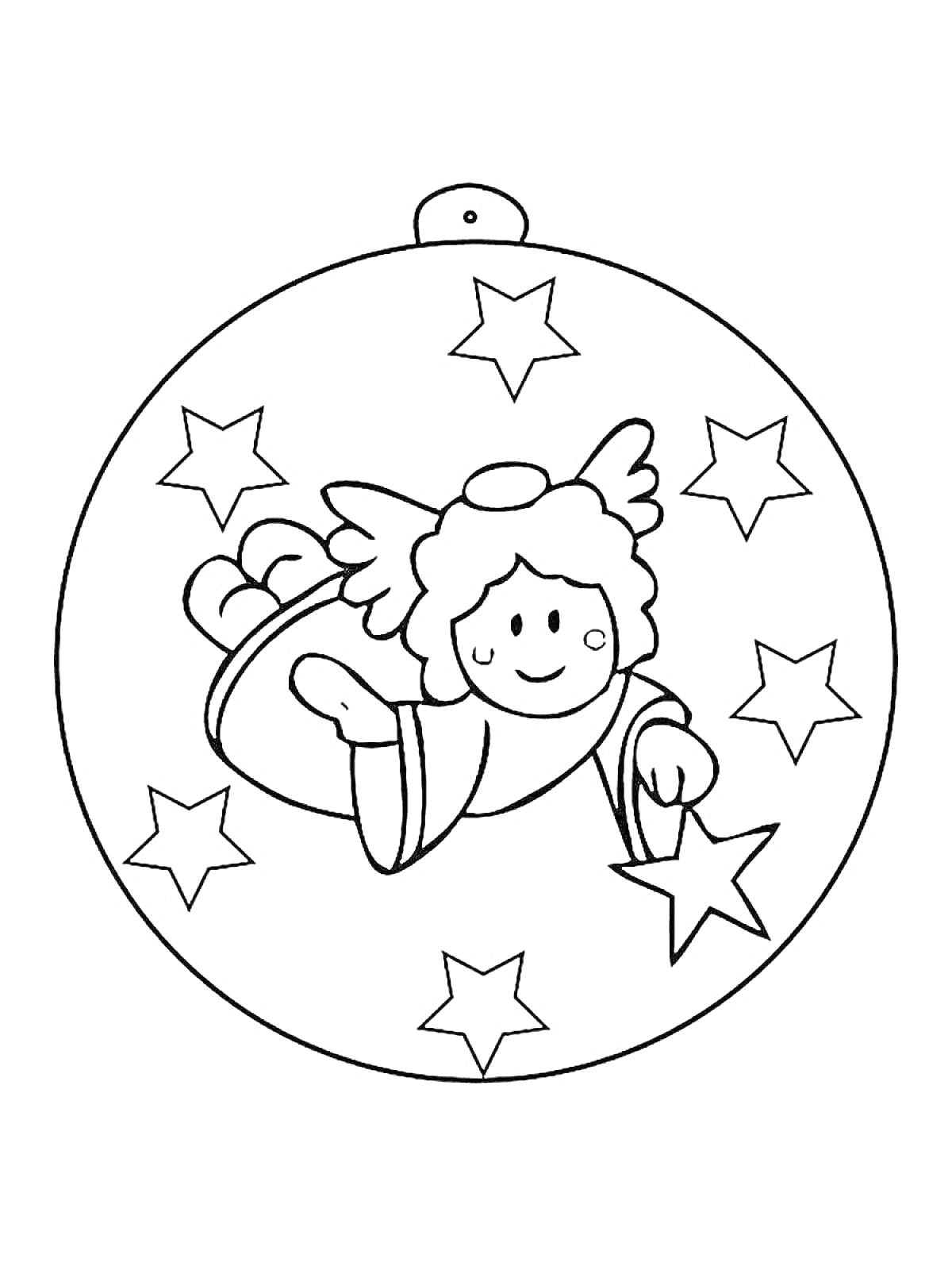 Раскраска Новогодний шар с ангелом и звёздами
