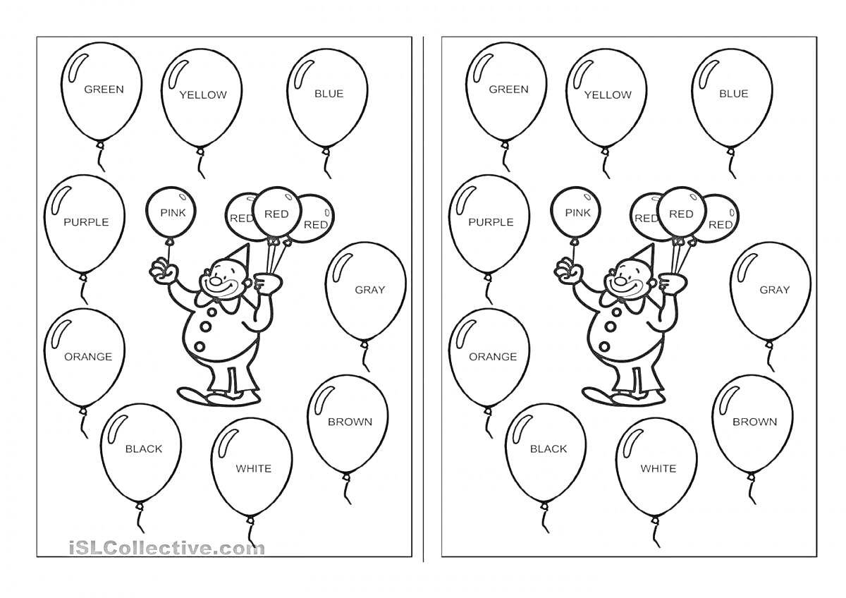 Раскраска Раскраска с клоуном и воздушными шарами с названиями цветов на английском языке