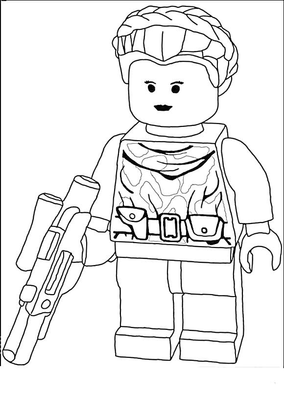 Раскраска Лего человечек с оружием. На персонаже броня и пояс.