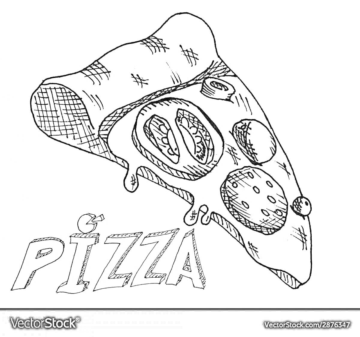На раскраске изображено: Пицца, Кусок пиццы, Реклама, Еда, Грибы, Перец, Колбаса, Надпись