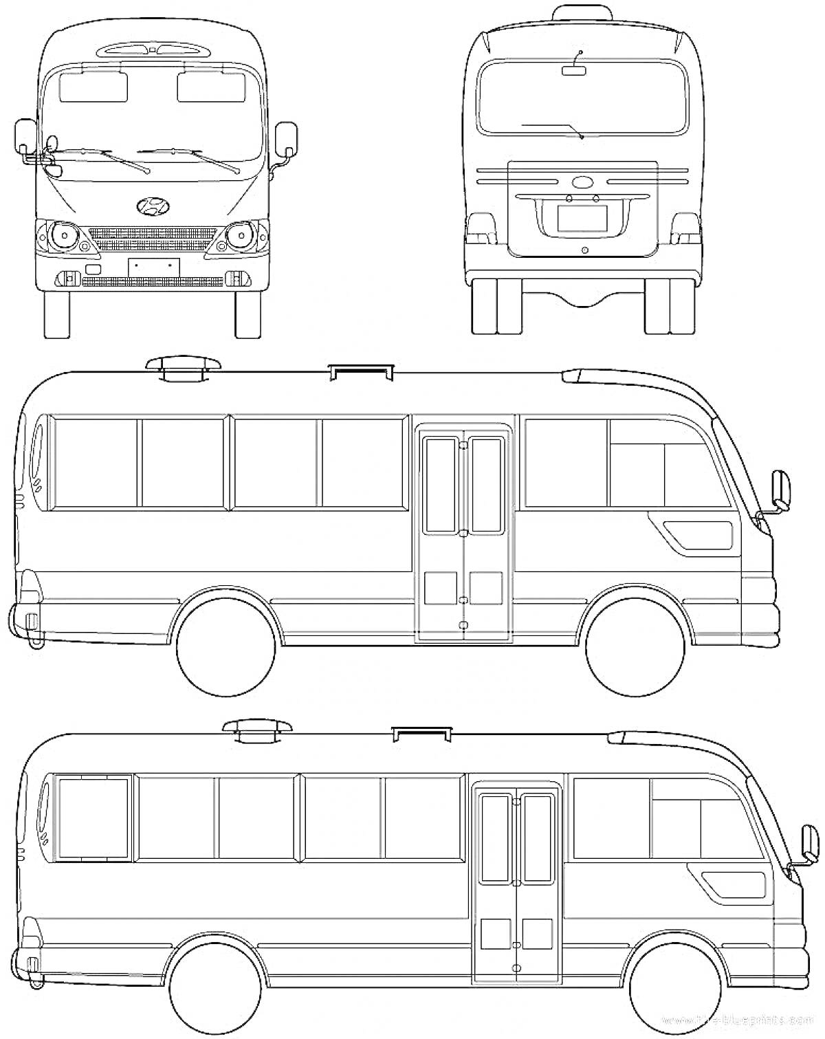На раскраске изображено: Автобус, Пазик, Транспорт, Задняя часть, Боковая часть, Школьный автобус, Городской автобус