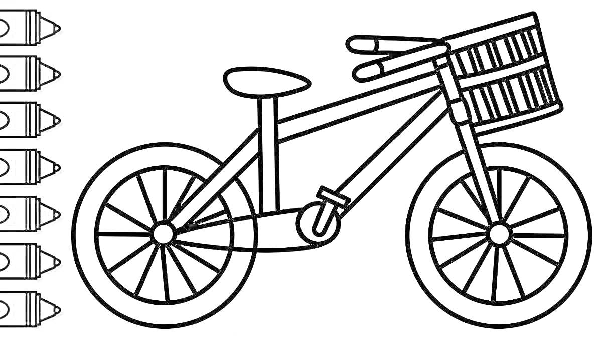 Раскраска Детский велосипед с корзиной и цветными карандашами