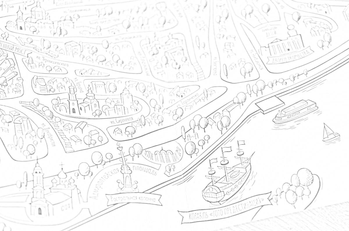 Раскраска Карта-раскраска Воронежа с кораблями на реке, соборами и парками.