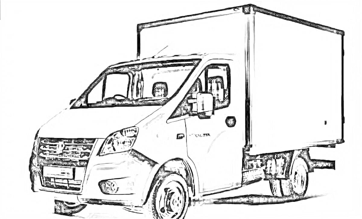 Раскраска Газель Некст с фургоном на заднем фоне, вид спереди-сбоку