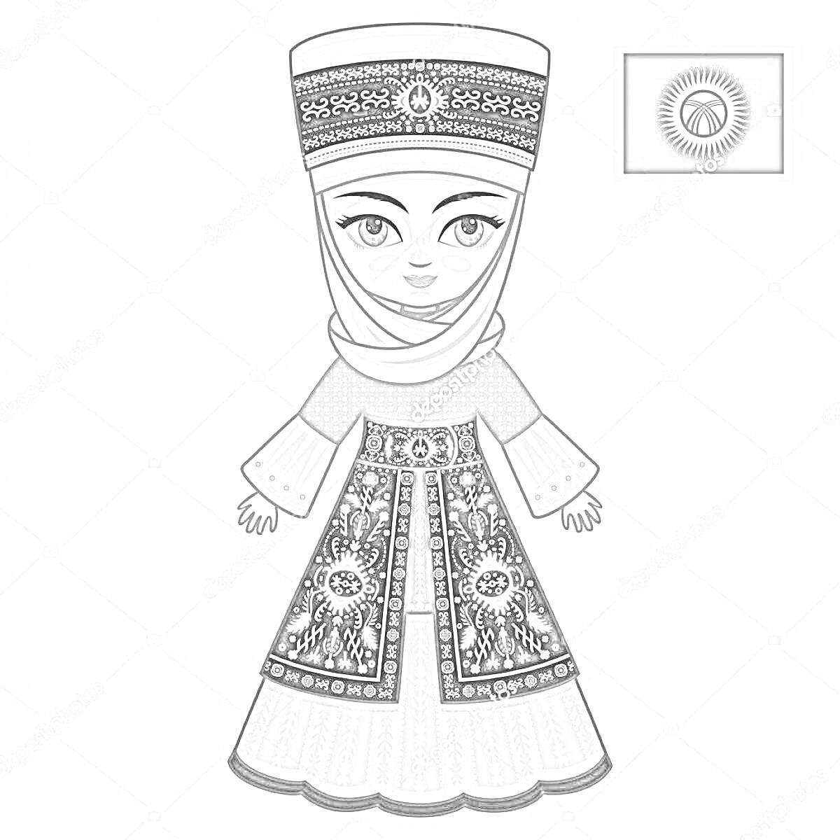 На раскраске изображено: Традиционная одежда, Платье, Этнический стиль