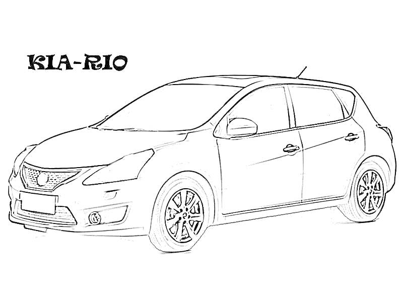 Раскраска KIA-RIO пятидверный хэтчбек с колёсами и деталями кузова.