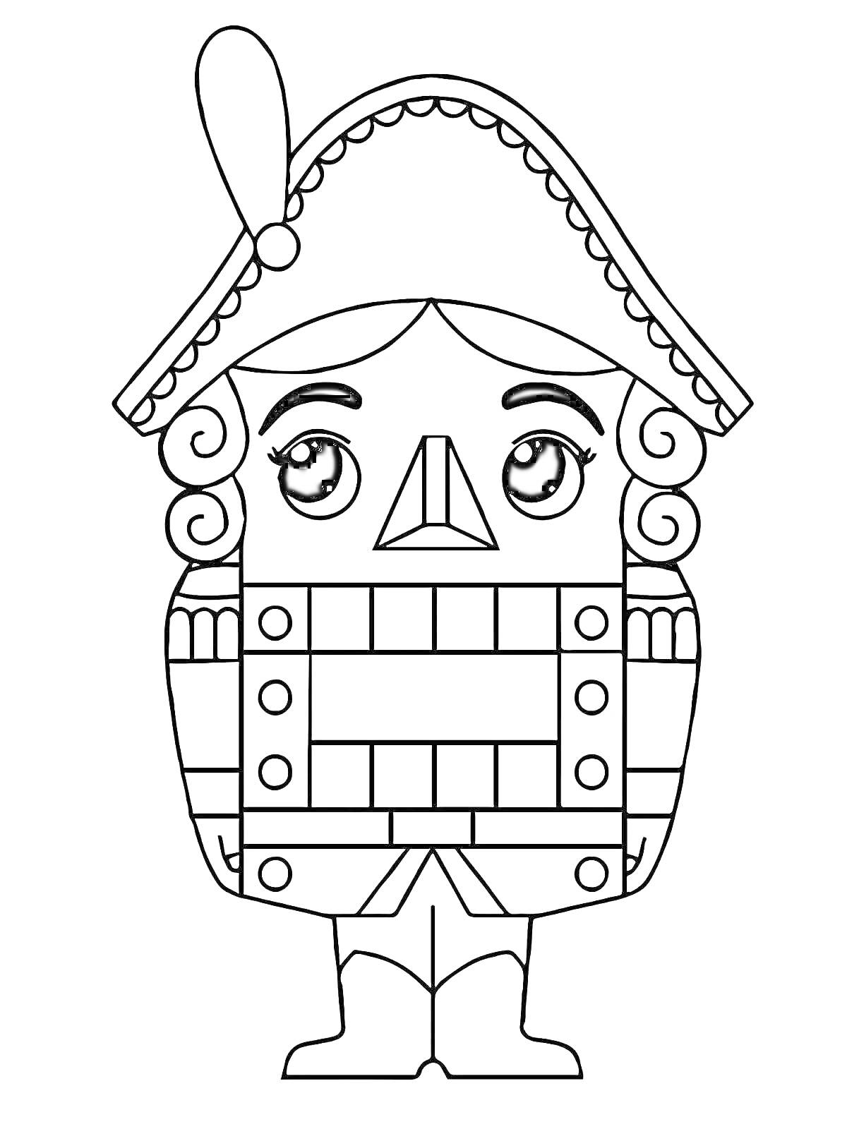 Раскраска Щелкунчик в шляпе с пером, с квадратным и прямоугольным узором на туловище, с кудрями и в сапогах