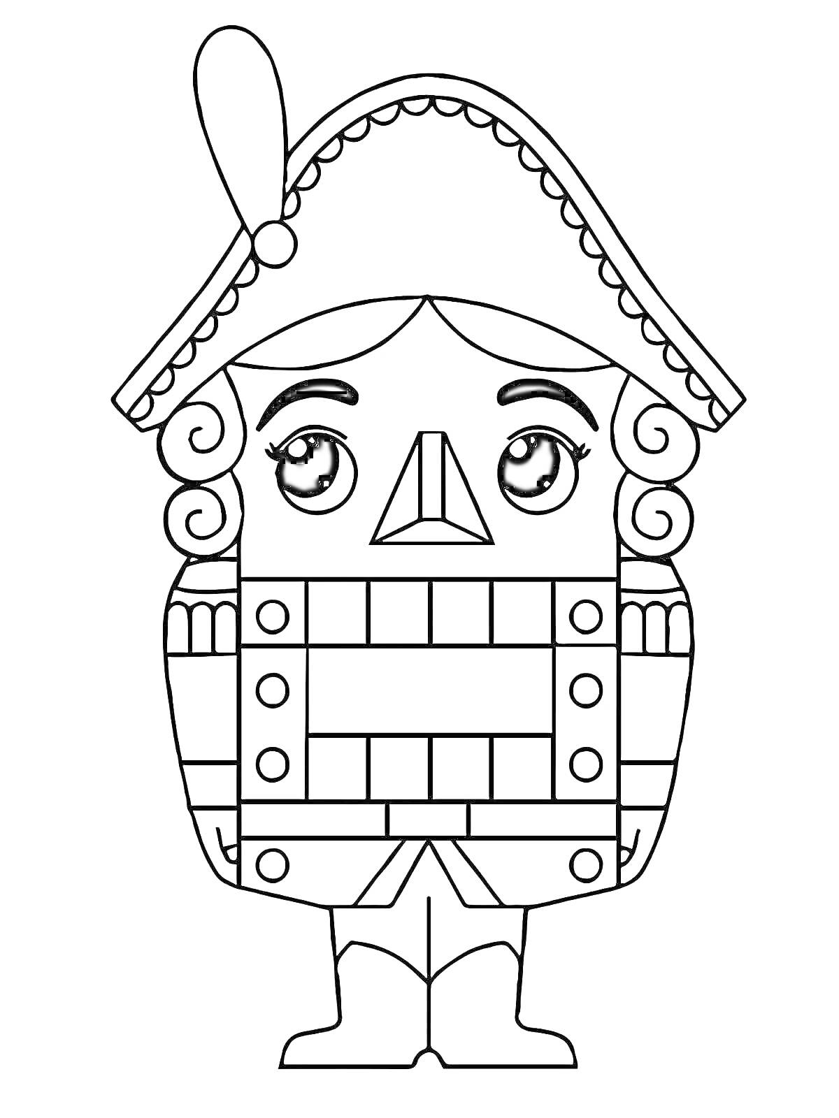 На раскраске изображено: Щелкунчик, Солдат, Шляпа с пером, Кудри, Сапоги