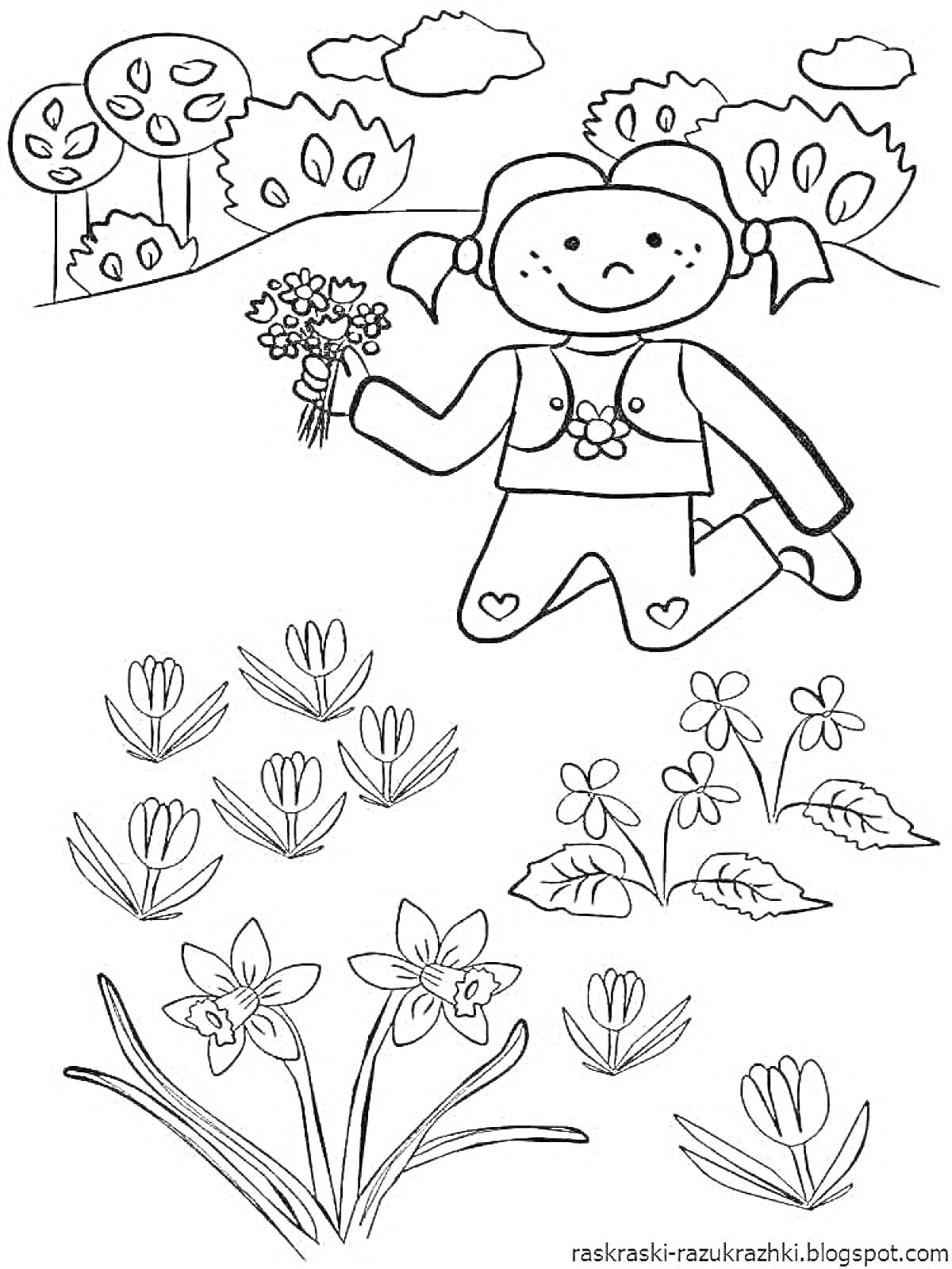 На раскраске изображено: Девочка, Весна, Цветы, Пейзаж, Деревья, Природа, Для детей, Букет цветов, 4-5 лет
