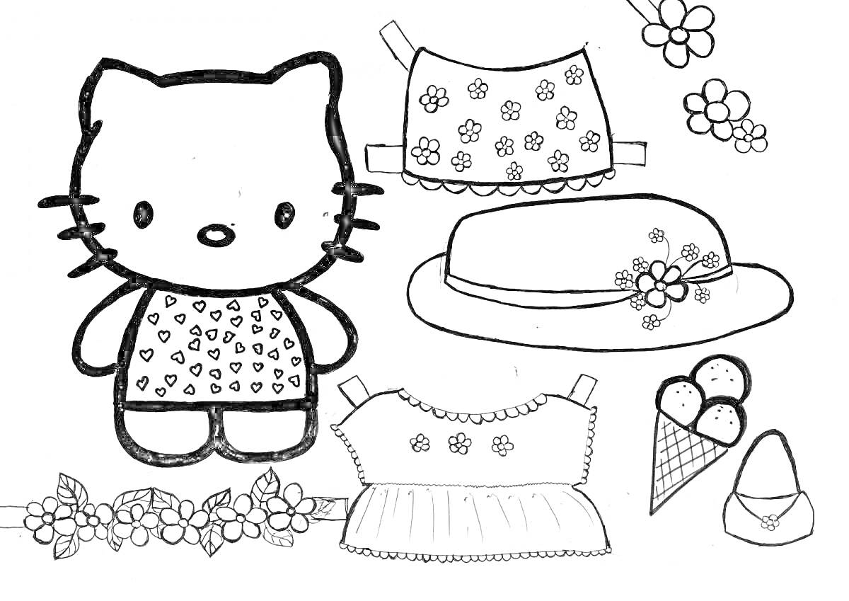 Раскраска Кот с одеждой и аксессуарами (кофта с цветами, шляпа с цветами, венок, платье, мороженое, сумка, отдельные цветы)