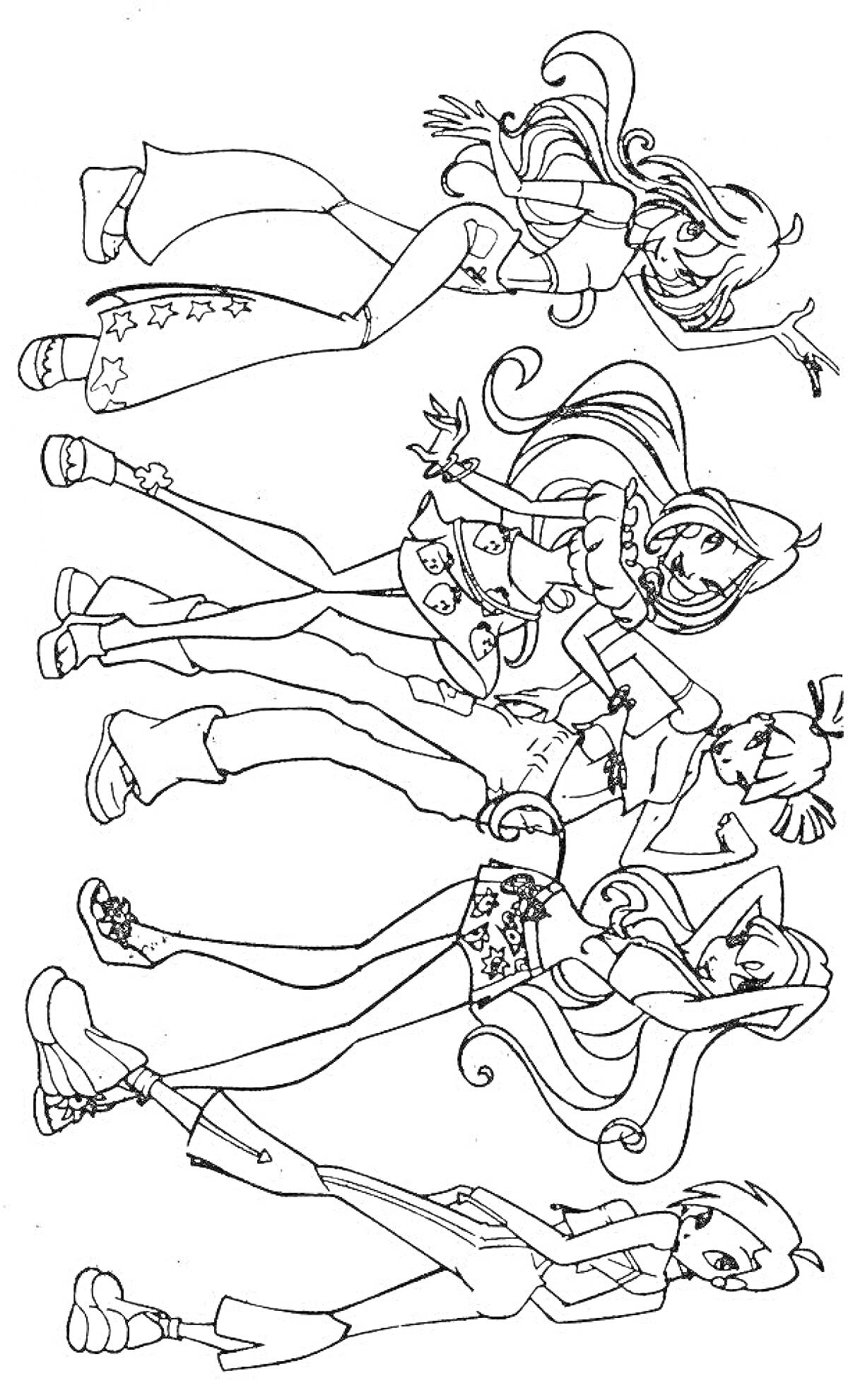 Раскраска Четыре волшебницы в стиле клуба Винкс, стоящие рядом в различных нарядах