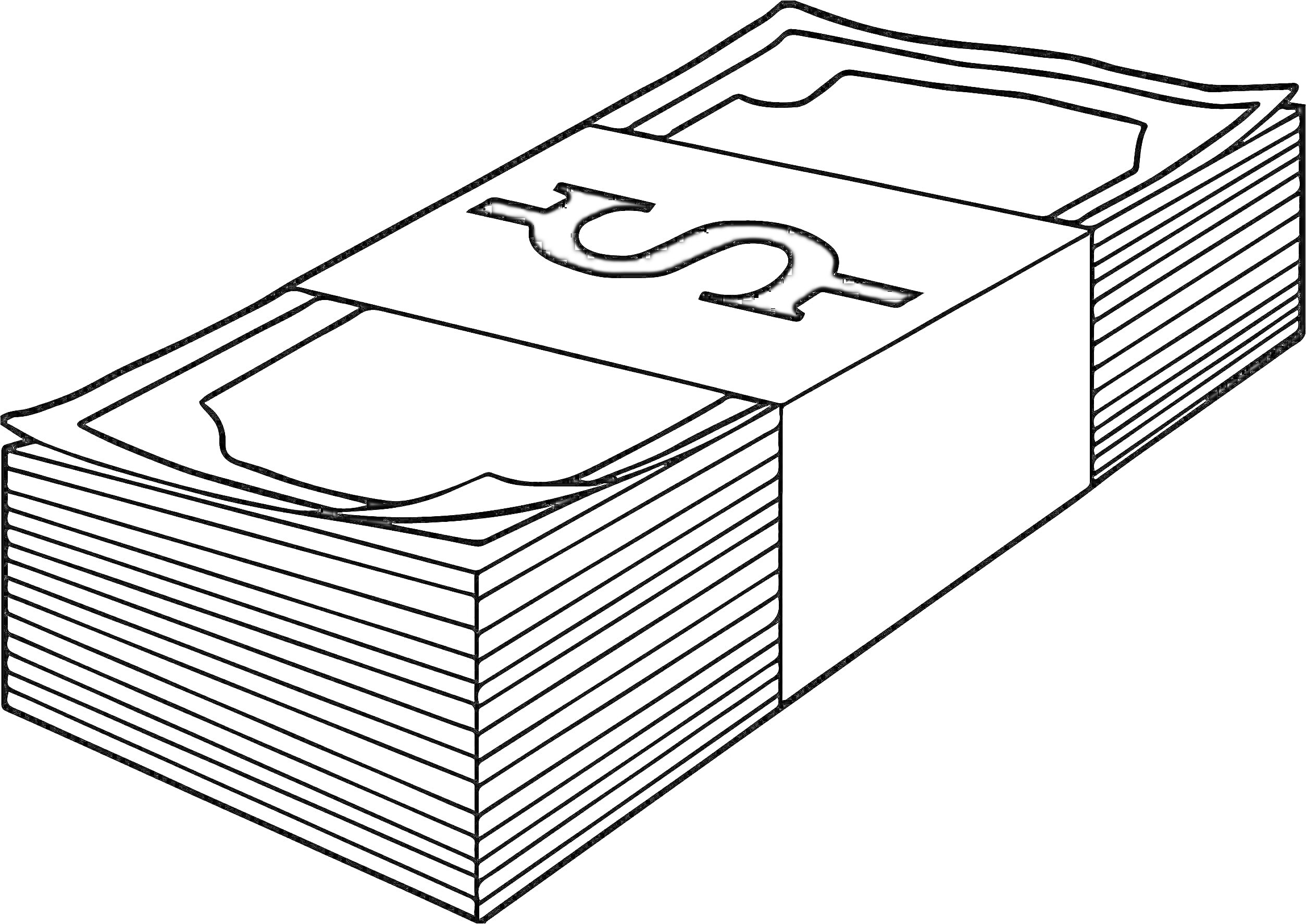 Раскраска Стопка купюр, перевязанная лентой с символом доллара