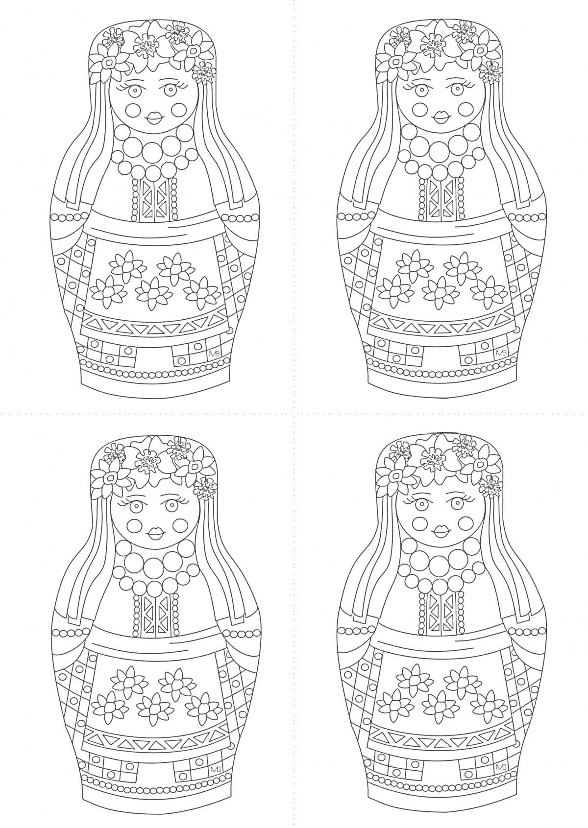 Раскраска Мордовская матрешка с цветами и узорами, четыре изображения