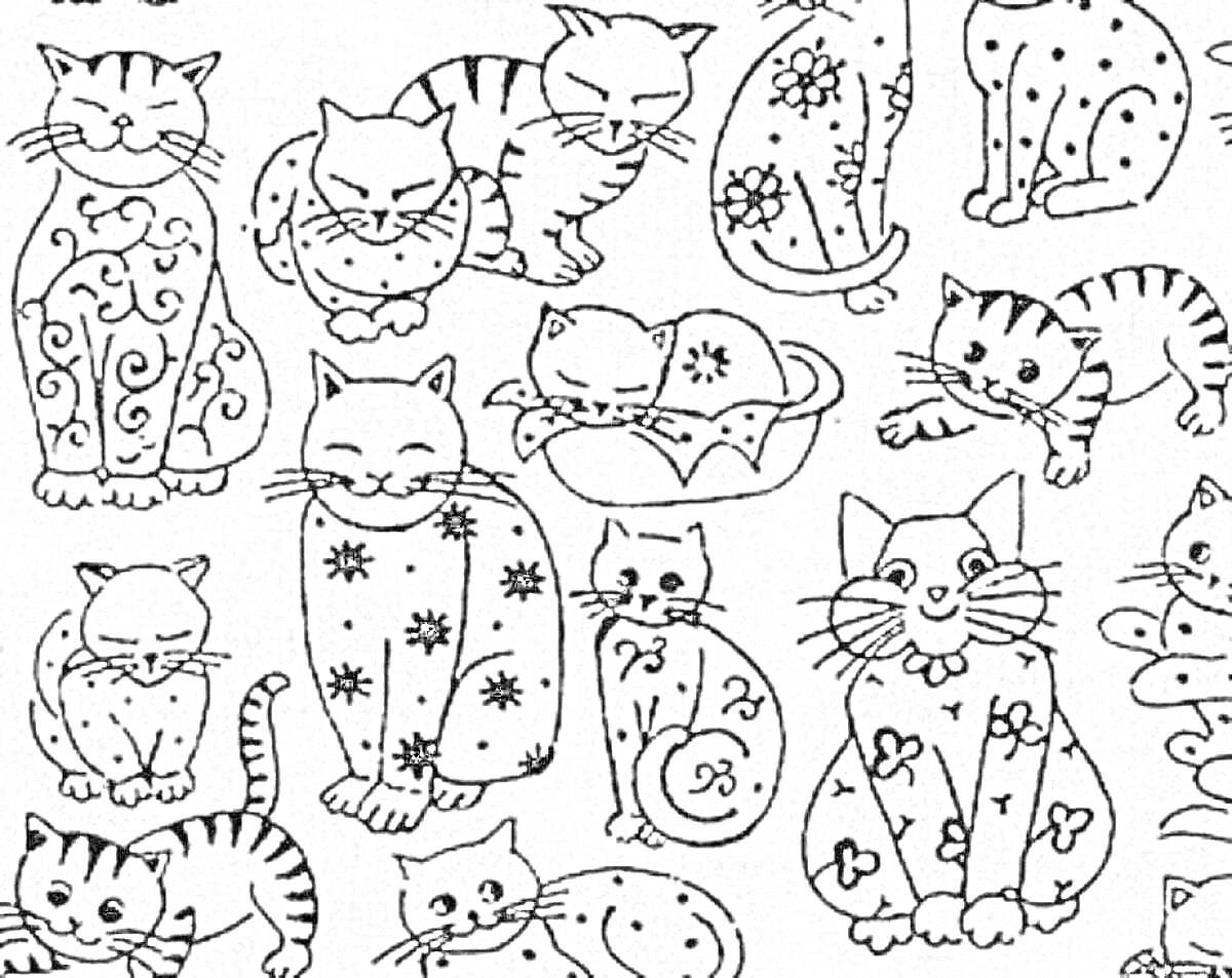 Раскраска Много котиков с узорами - сидящие и лежащие котики с различными узорами в виде цветов, сердечек и завитков на телах.