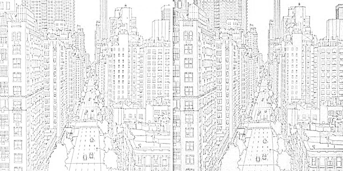 На раскраске изображено: Нью-Йорк, Небоскрёбы, Здания, Архитектура, Панорама, Города, Улицы