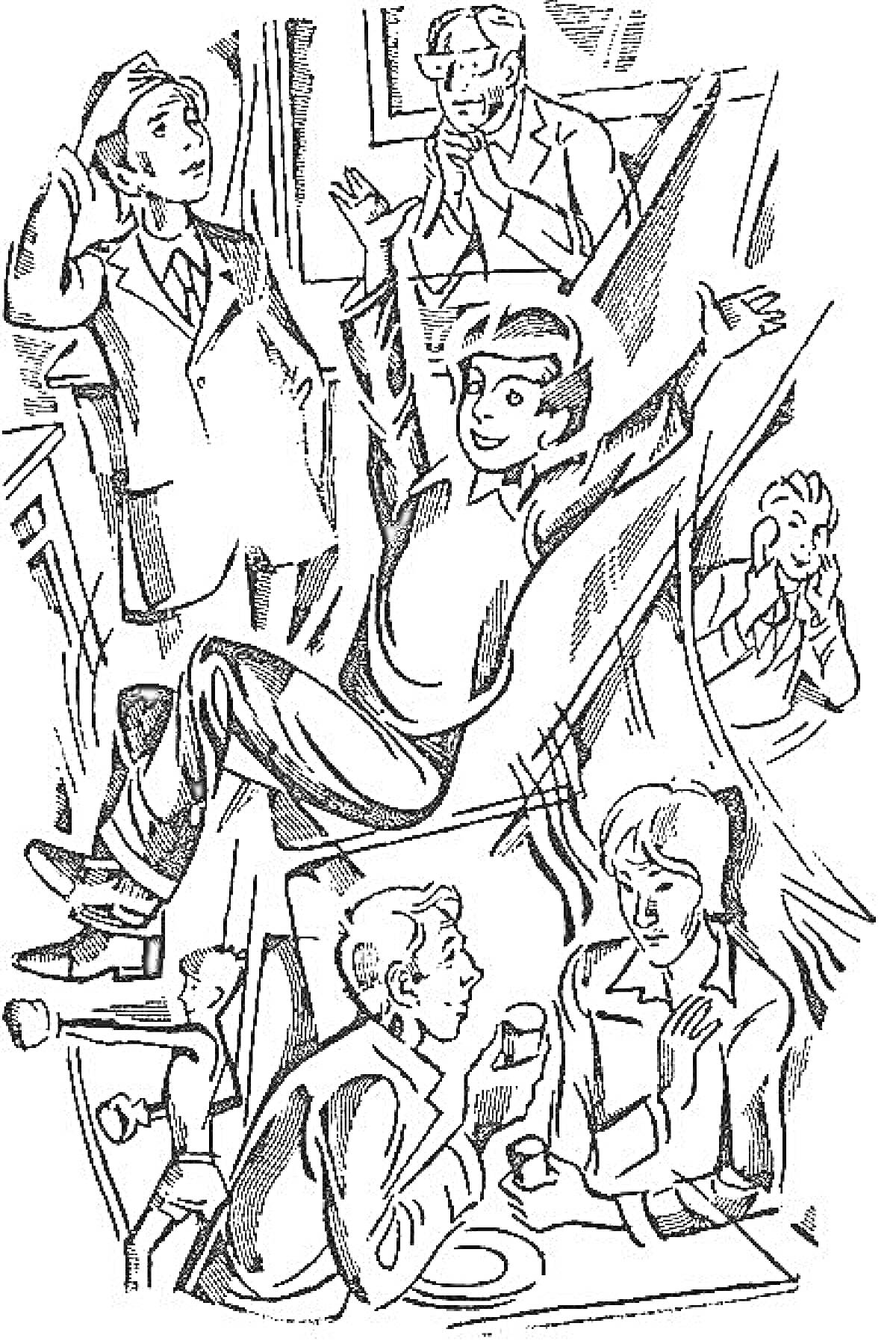 Раскраска Мужчина в прыжке, мужчины и женщина в шляпах и костюмах, мужчина за столом с чашкой, мужчина с поднятой рукой, удивлённый мужчина, дождь за окном