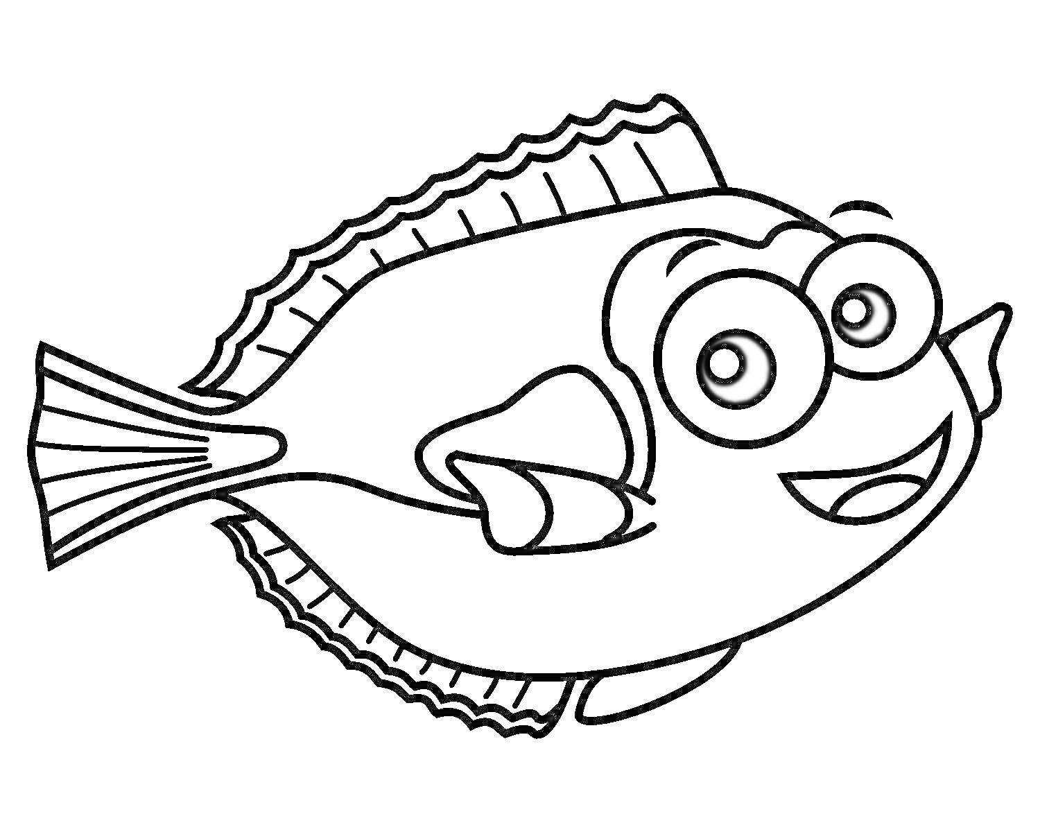 На раскраске изображено: Рыба, Большие глаза, Плавники, Водный мир, Рыбалка, Для детей, Из мультфильмов