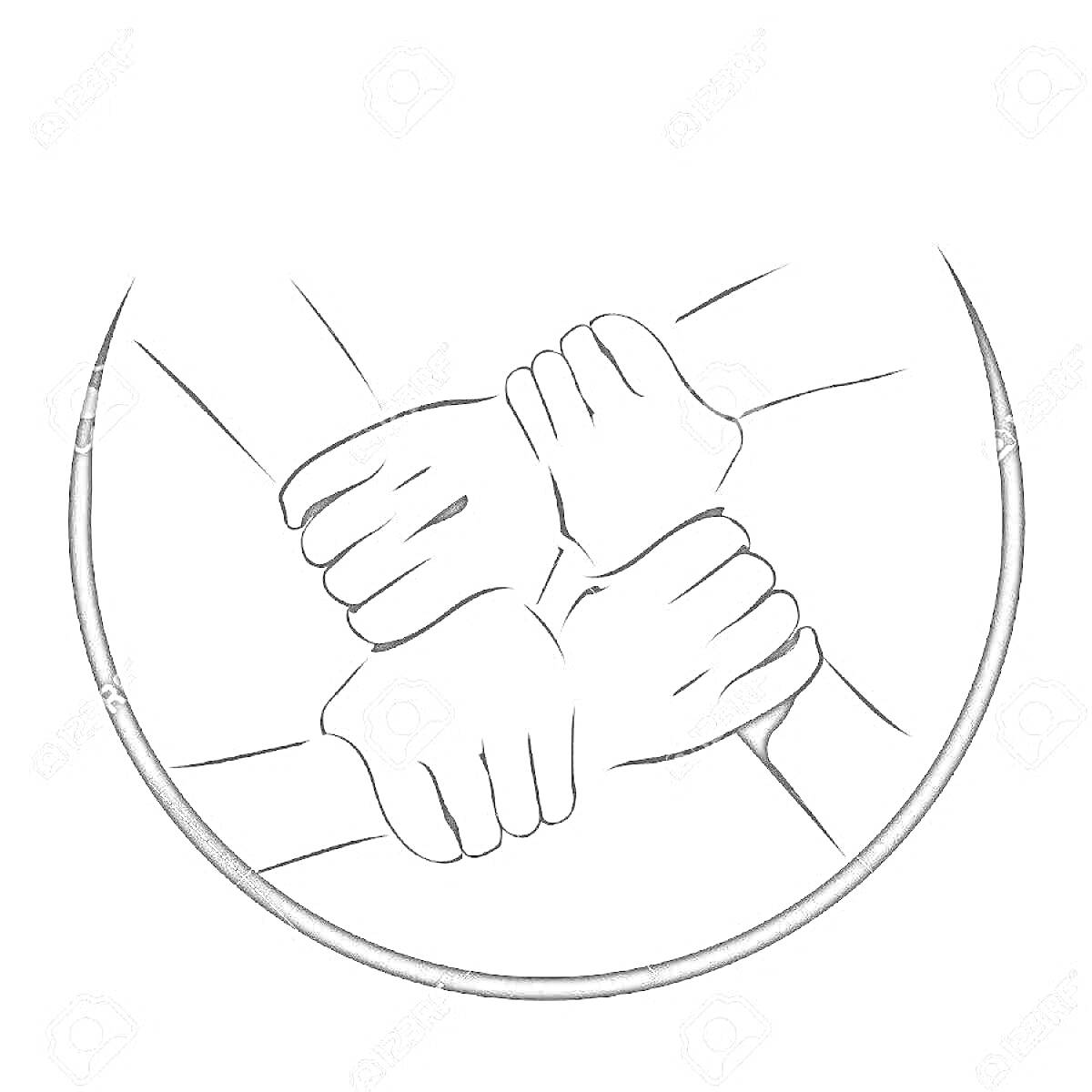 Раскраска Четыре руки, сцепленные друг с другом в круге