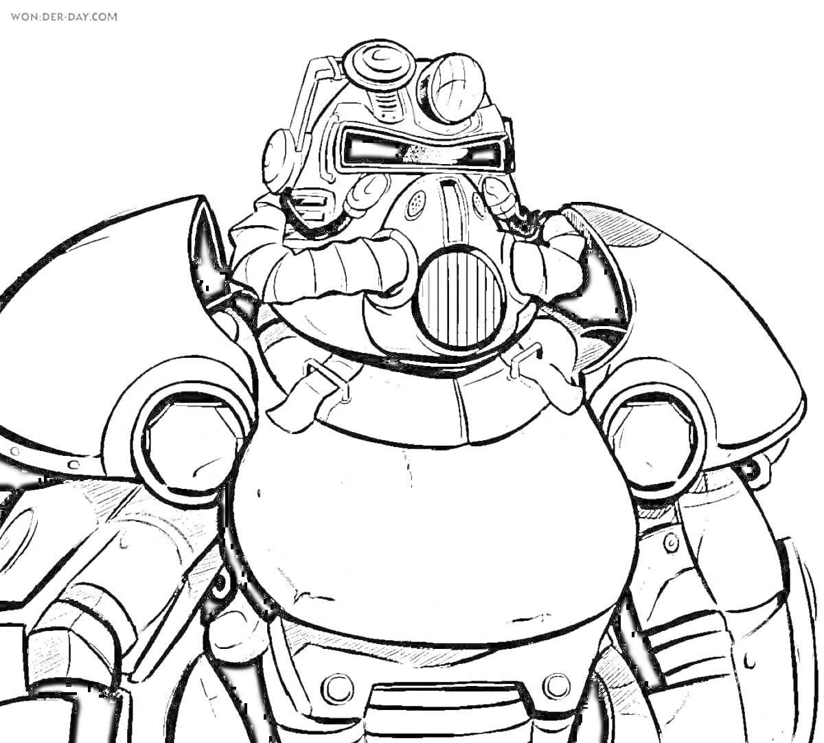 РаскраскаСолдат в силовой броне из Fallout с дыхательной маской, шлемом и бронепластинами. Черно-белая раскраска.