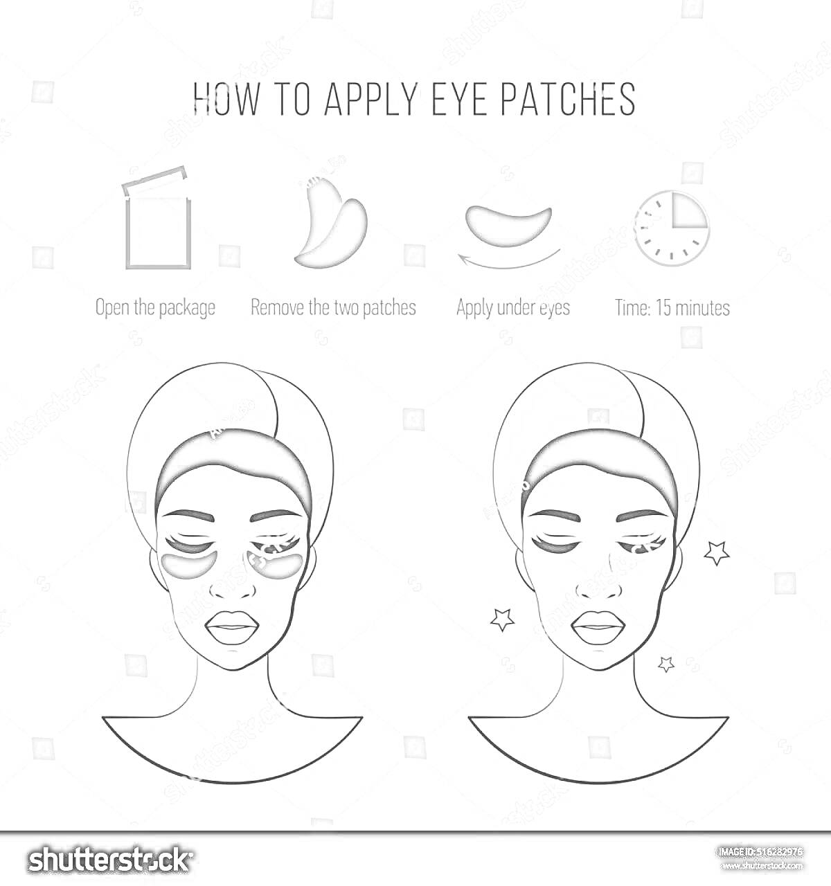 Раскраска Пошаговая инструкция по применению патчей для глаз с изображением девушки в тюрбане и патчами на лице