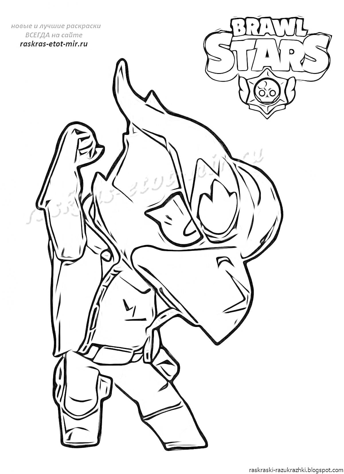 Раскраска Ворон Браво Старс в боевой позе, одетый в куртку с поднятым крылом, с капюшоном на голове и фирменным логотипом игры Brawl Stars в углу.