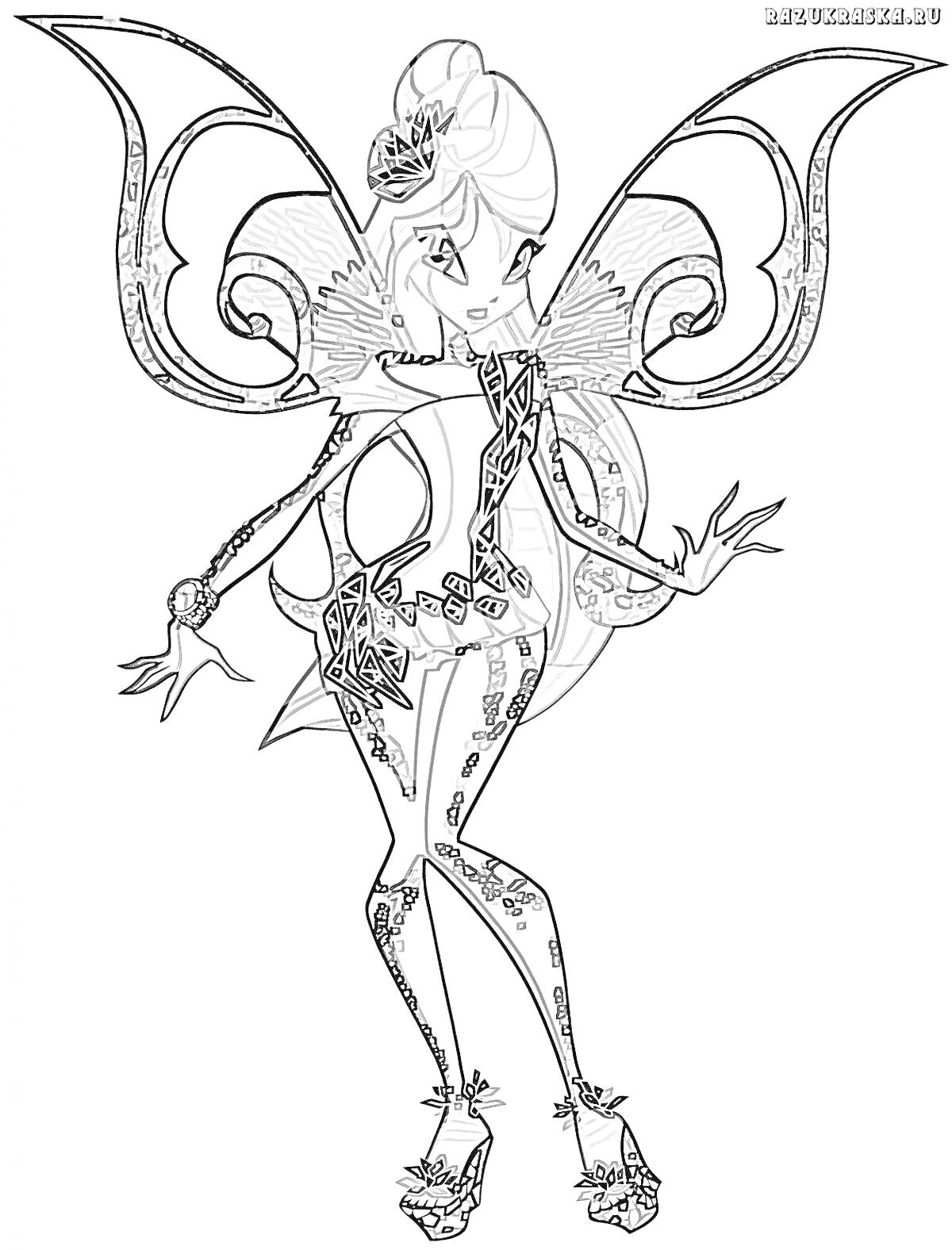 Раскраска Волшебница Тайникс Винкс с большими узорчатыми крыльями в сложном наряде, украшенном кристаллами