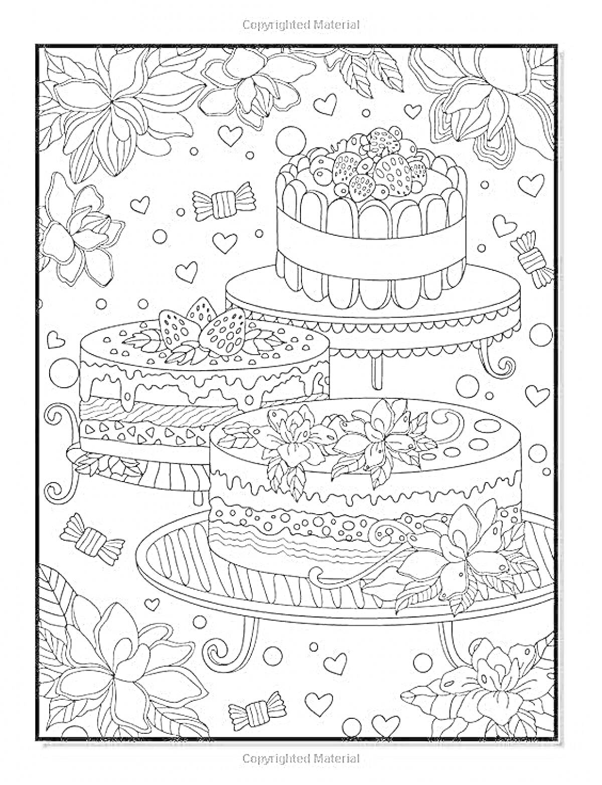 Раскраска торты с ягодами и цветами, конфеты, цветы, сердечки