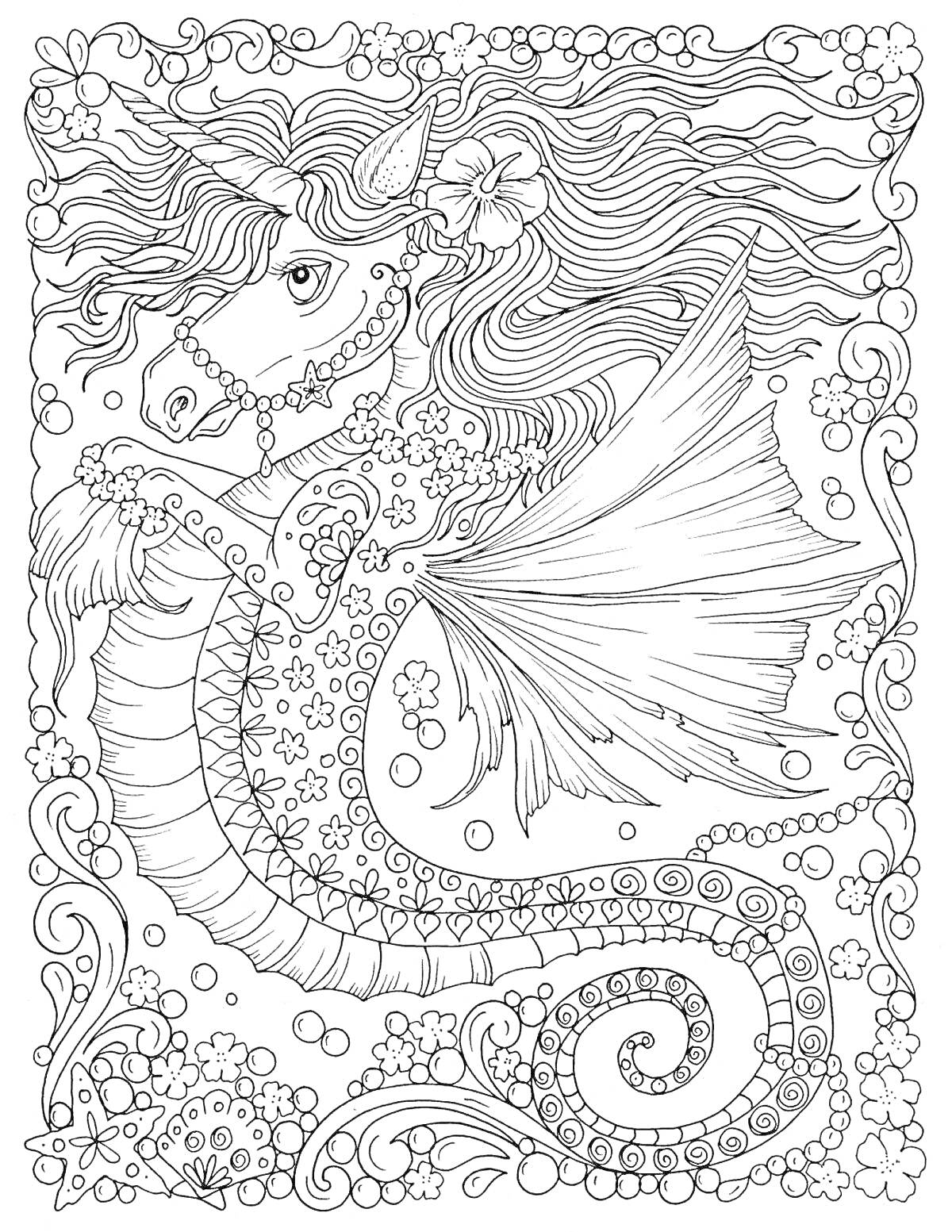 Раскраска Русалка с цветочным узором и украшениями, на фоне подводного мира с пузырями и цветами